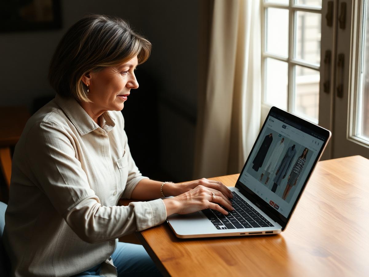 Mulher adulta a ver uma loja de roupa online no portátil