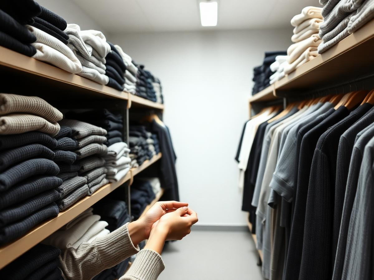 Armazém de marca de roupa com malhas e camisas organizadas