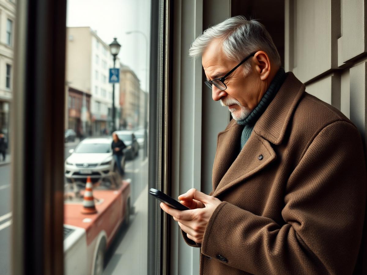 Homem adulto a consultar o telemóvel junto a uma janela