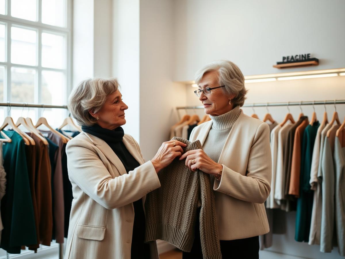 Duas mulheres adultas a escolher uma malha numa loja de roupa